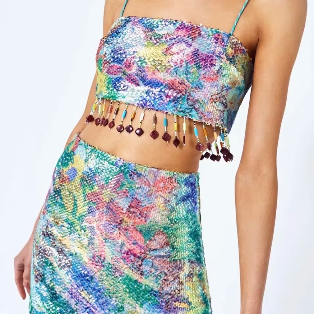 Alexis Storm Beaded Fringe Skirt in Botanical Sequin - Top & Bottom: Size XS - Picture 3 of 14